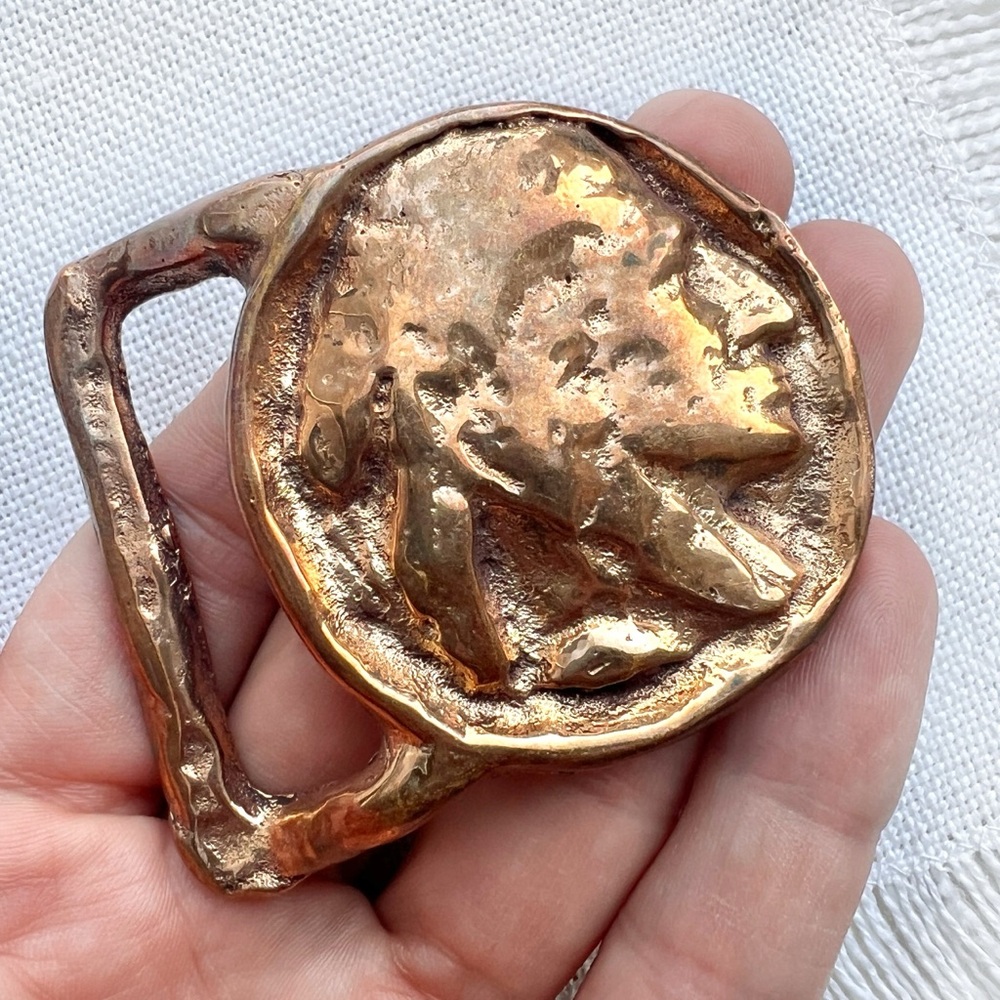 1970s VINTAGE Native American Indian Buffalo Nickel Western Brass Belt Buckle